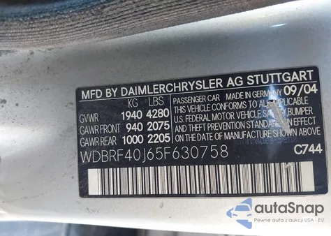 2005 Mercedes-Benz C 230 Kompressor Sport from USA, damaged, VIN WDBRF40J65F630758